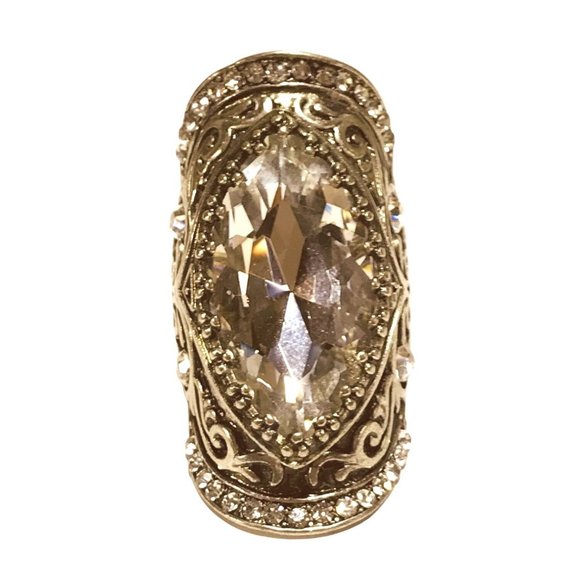 Western Style Full Finger Knuckle Joint Stretch Ring Silver Tone and Rhinestone - Picture 2 of 8